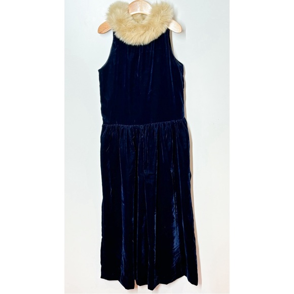 Janie And Jack Girl’s Dark Marine VELVET FAUX FUR COLLAR JUMPSUIT Size 7 - Picture 1 of 10